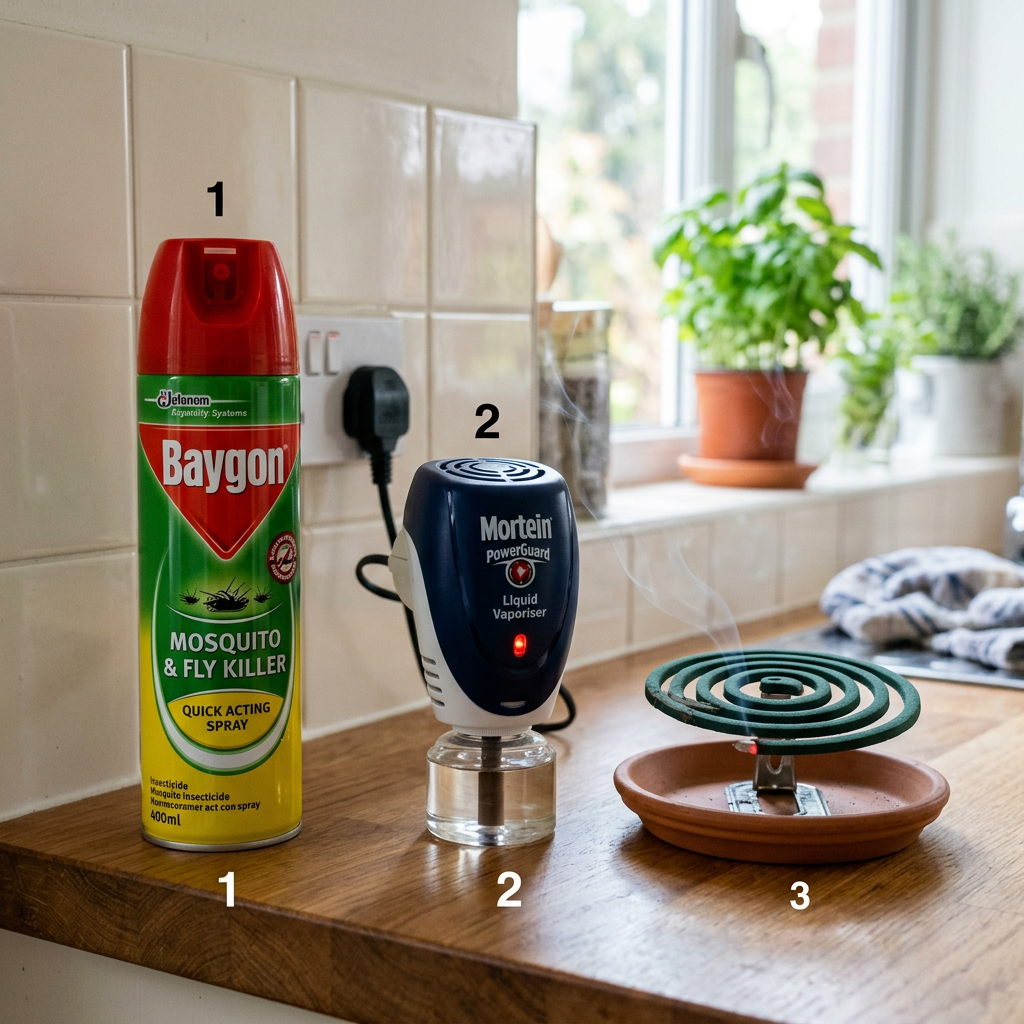 Baygon spray can, Mortein liquid vaporizer plugged in, and burning Household Insecticide